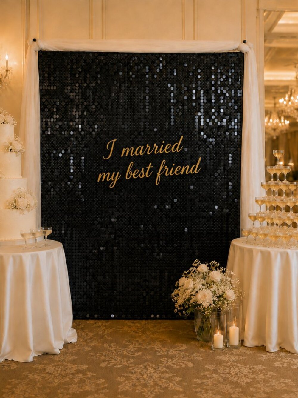 Black Square Sequin Backdrop Curtain 8x6 FT Wedding photo Overlay table linen |